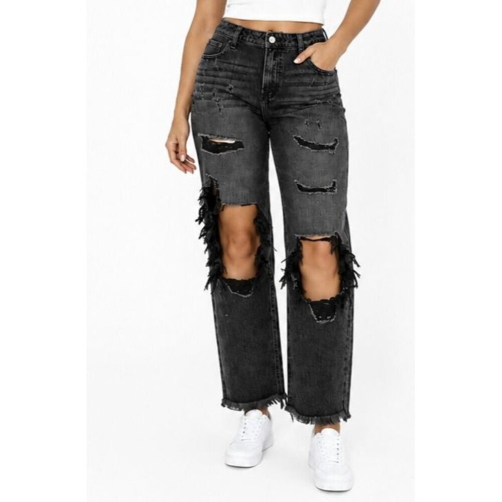 CELLO Women's Black Distressed Ripped Straight Leg Jeans Size 7